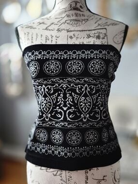 Whimsigoth Strapless Black & Silver Velvet Patterned Tube Top Medium